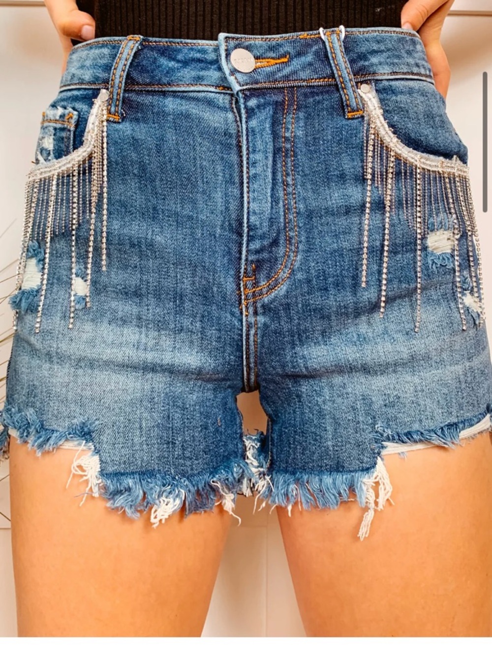 Rise Jeans women's blue denim shorts with rhinestone size M high rise 93% cotton
